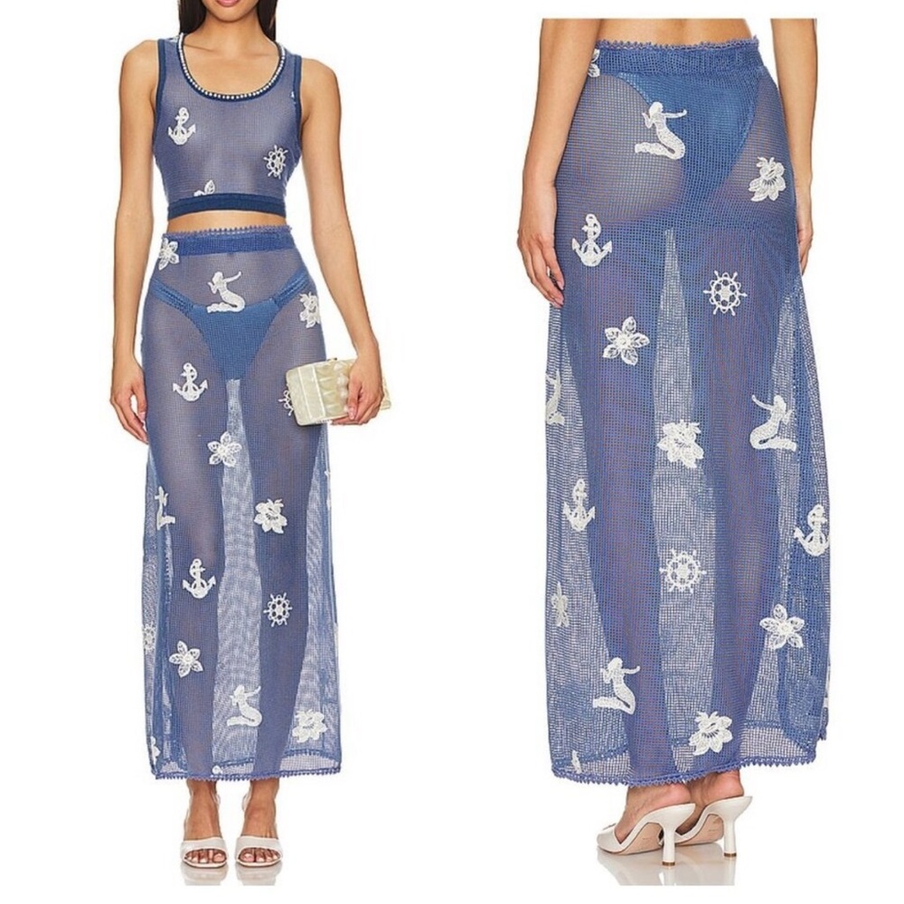 Agua Bendita Blue Sheer Skirt Set with White Nautical Embroidery